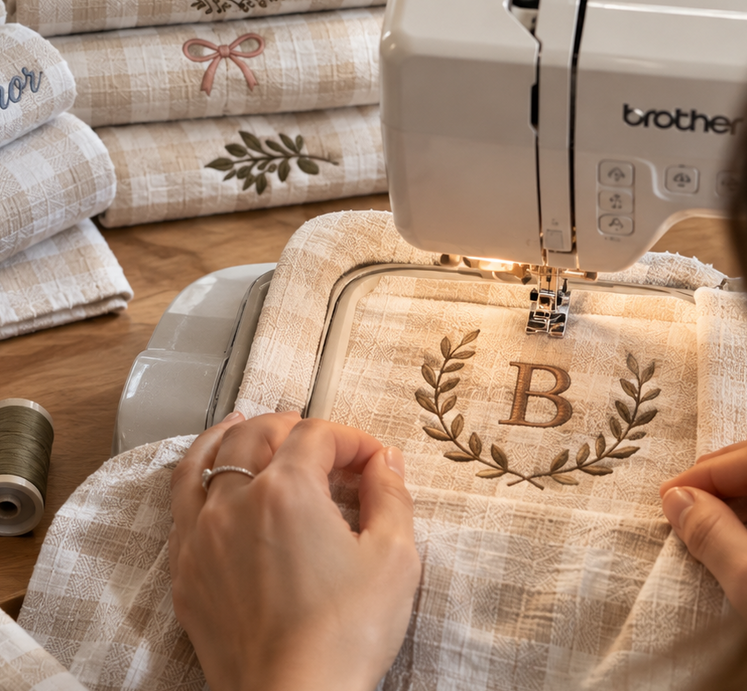 A person uses a Brother embroidery machine to sew a linen fabric with an embroidered letter B and leaf motif. Several folded linen cloths with embroidered names and designs are stacked on a wooden table beside the machine, with thread spools and a mug in the background.