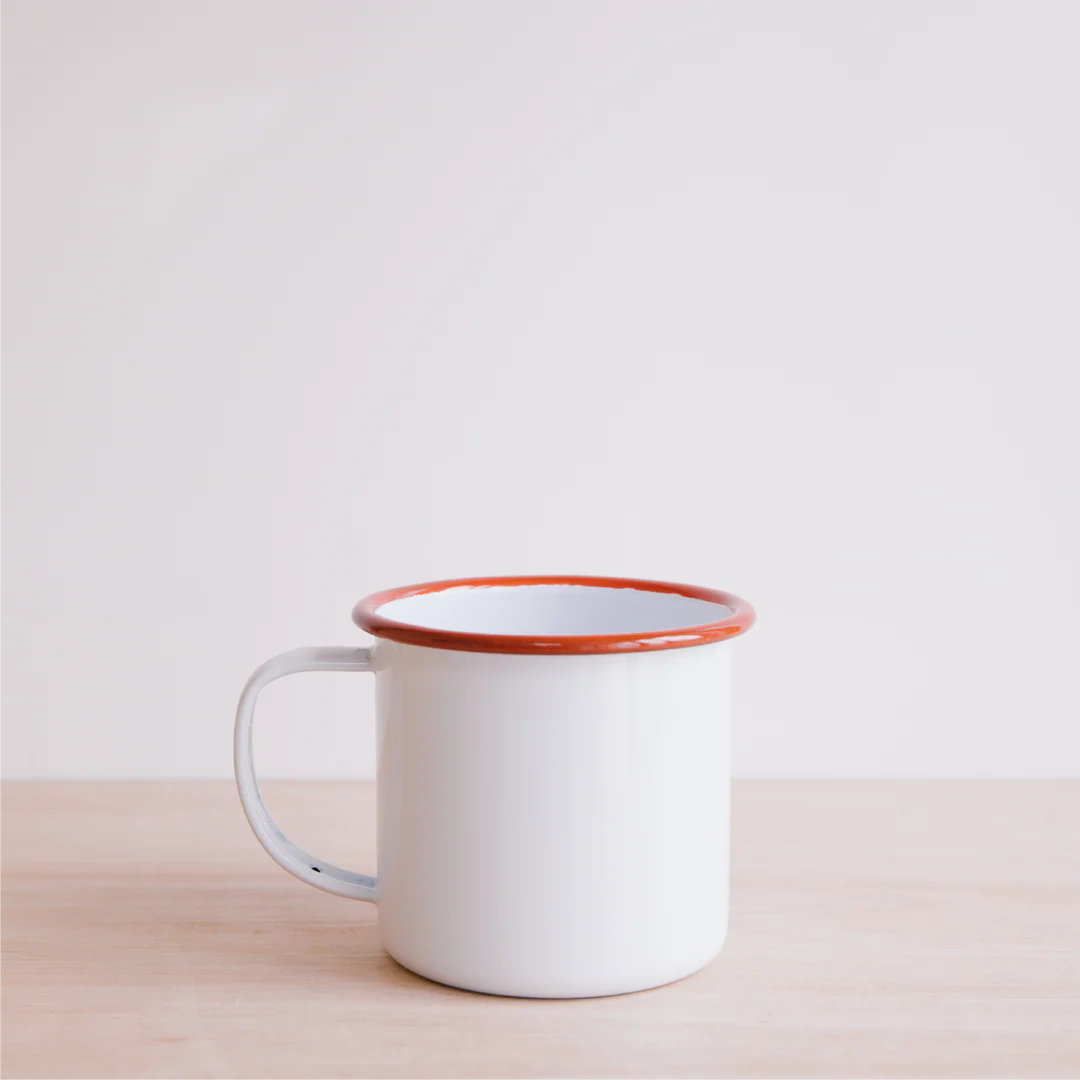 White Tinware Mug with Red Trim